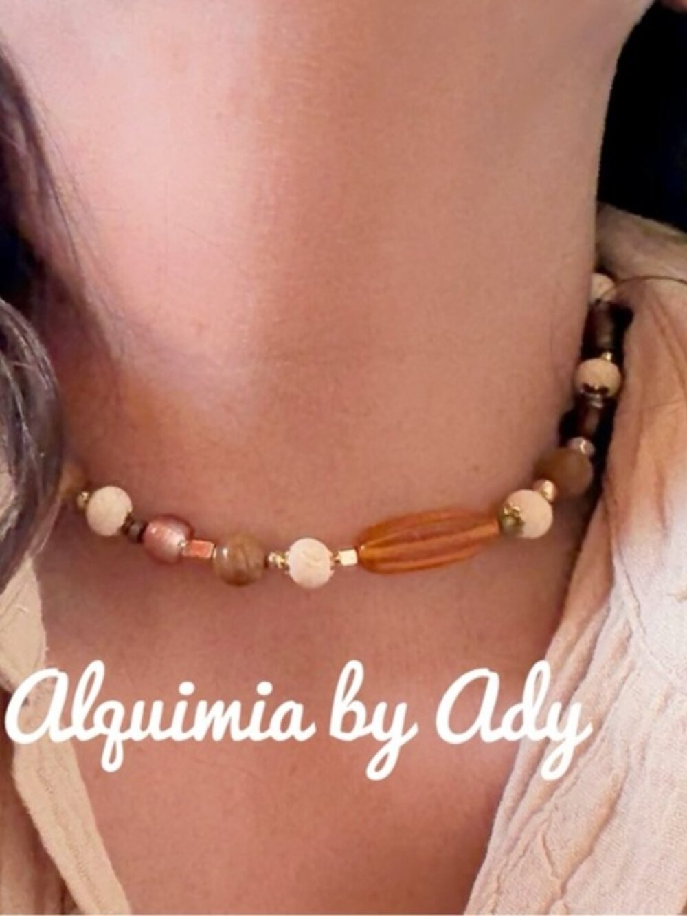 Jasper Amber, Brown & Cream Beaded Choker Necklace
